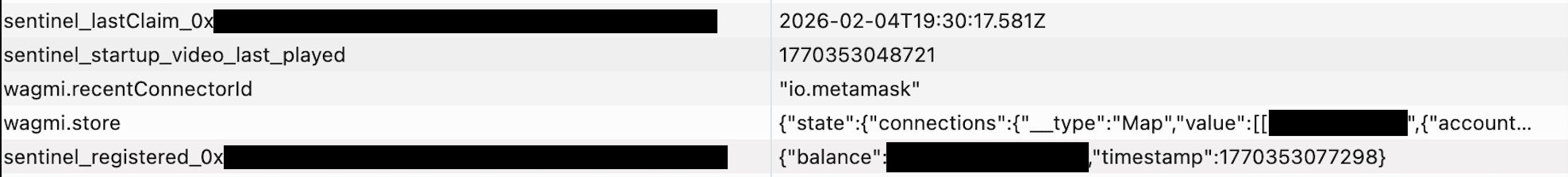 localStorage entry showing registration data